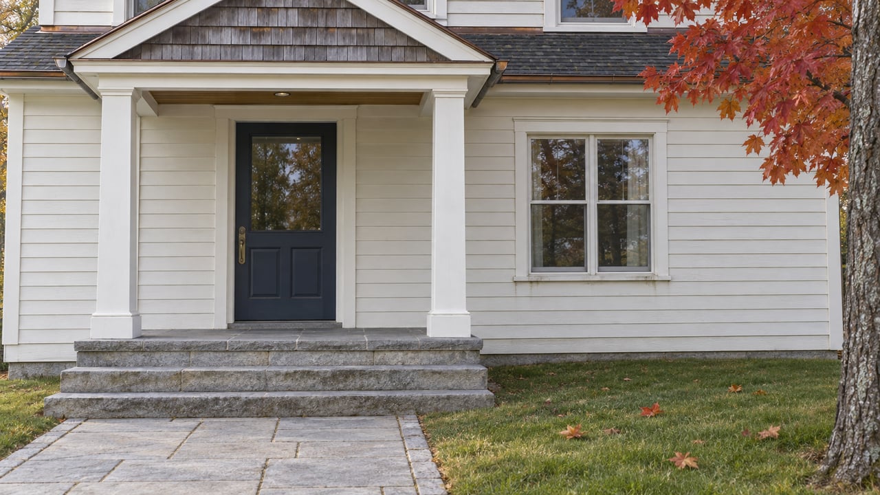 White clapboard home with a navy front door, cedar-shingled porch gable, stone steps and red maple leaves in soft autumn light.