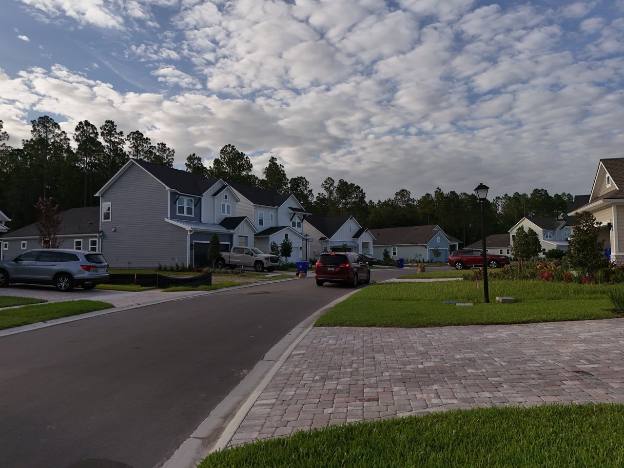 Evergreen Island residential street lined with modern homes beneath a dramatic cloudy sky.