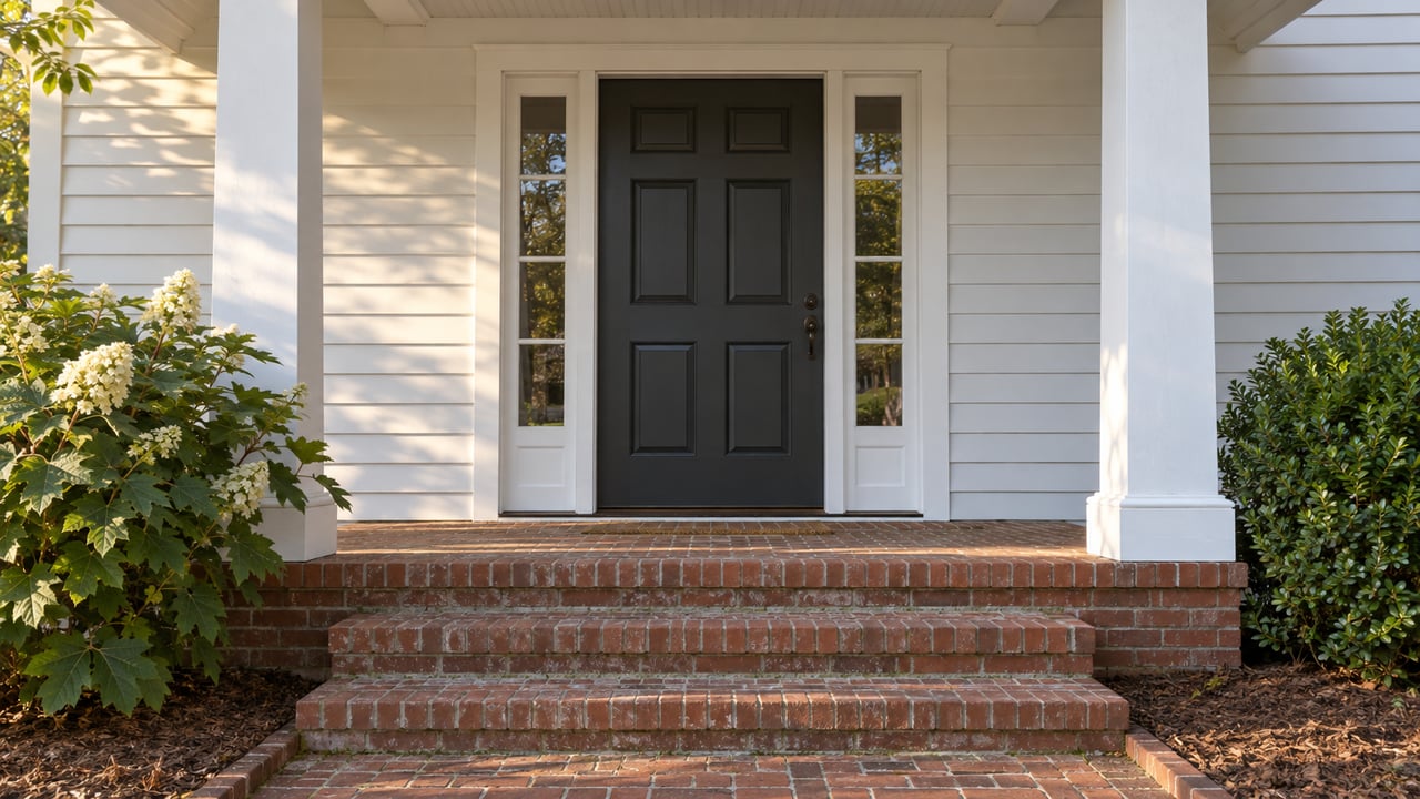 Traditional home entry with a dark six-panel door, glazed sidelights, white columns, brick steps, and flanking shrubs.