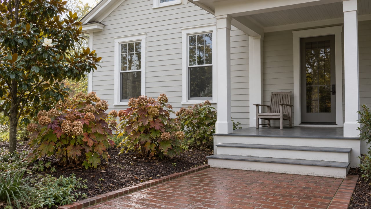 Pale clapboard home with a white-trimmed porch, weathered brick approach, and autumn oakleaf hydrangeas beneath a magnolia.