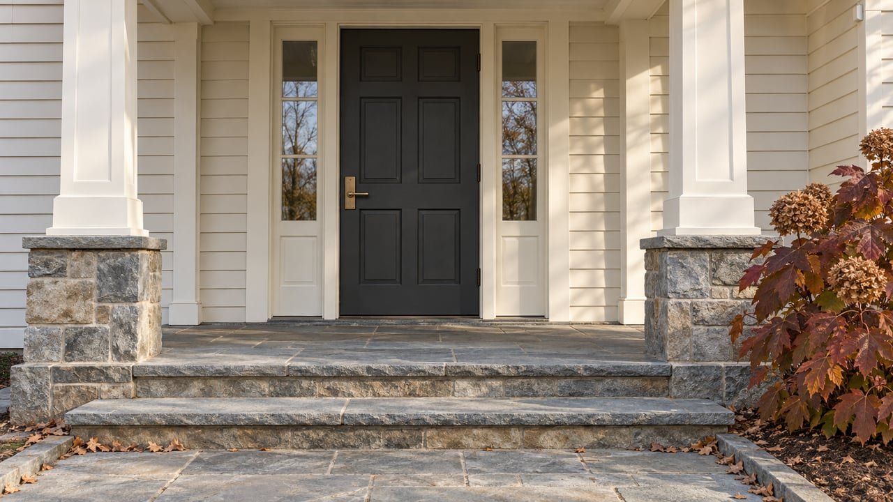 Ivory clapboard entry porch with a charcoal door, paired glass sidelights, weathered stone steps, and oakleaf hydrangea in autumn color.