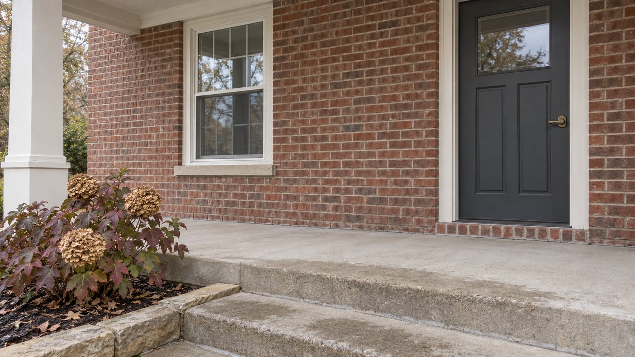 Brick home entry with a charcoal door, white-trimmed window, worn concrete steps and burgundy oakleaf hydrangea.
