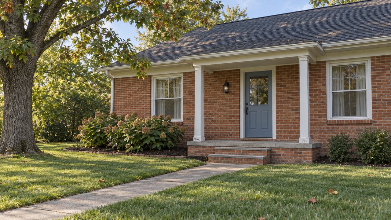 Brick home with a dusty-blue front door, covered porch, mature oak and a concrete walk across an established lawn.