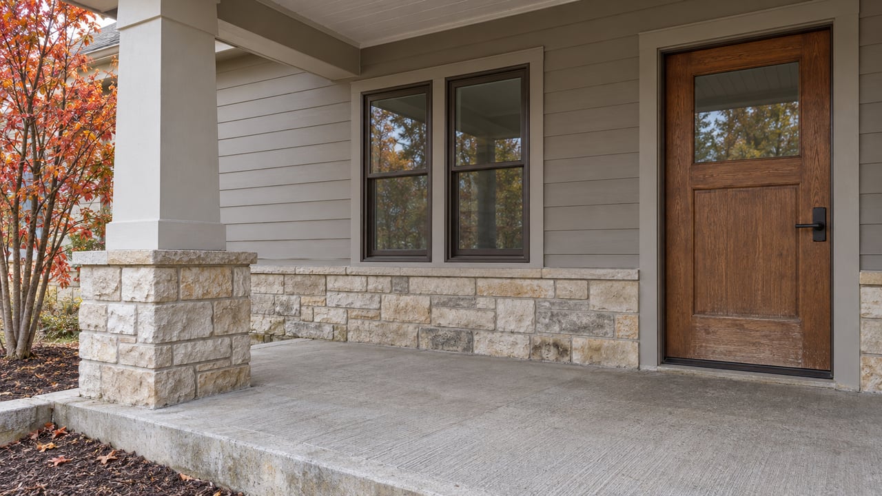 Covered home entry with oak door, paired dark-framed windows, limestone porch pier and autumn serviceberry beside a raised concrete porch.