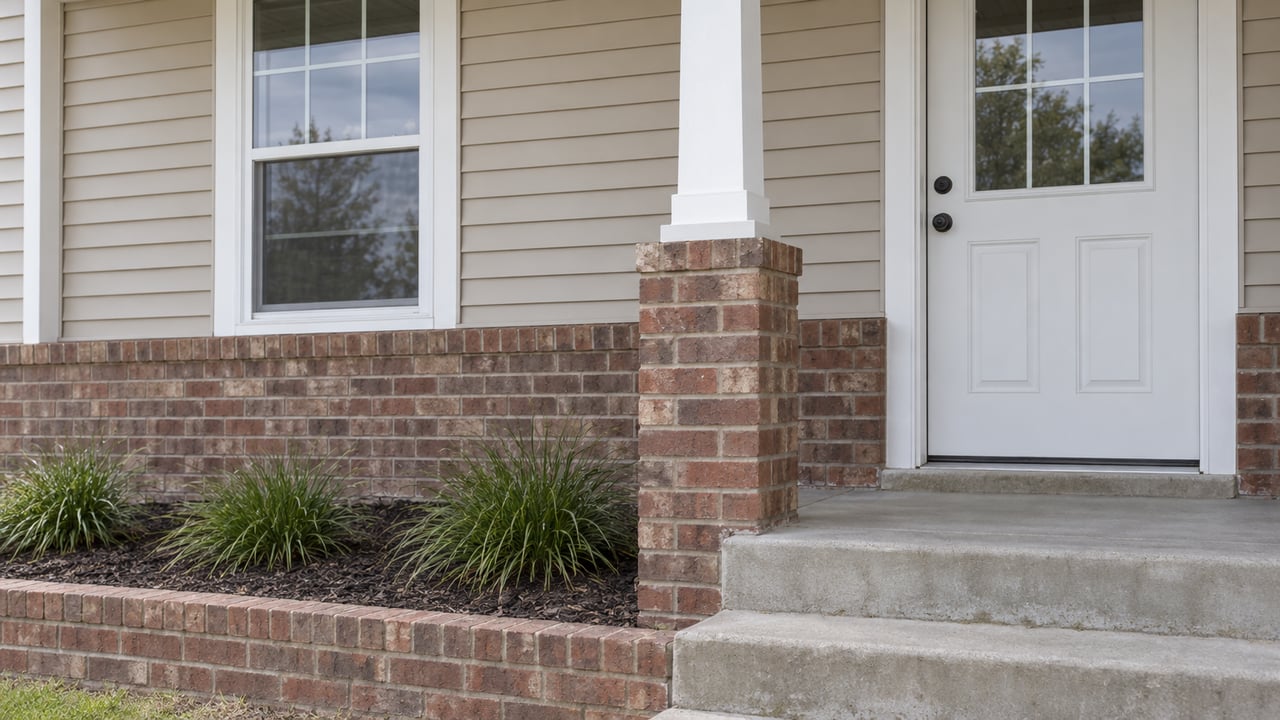 Modest home entrance with a white door, double-hung window, brick porch pier, concrete steps, and mulch bed.