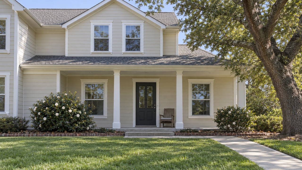 Sunlit pale-sided villa with a covered white-column porch, broad lawn, camellias and a mature live oak.