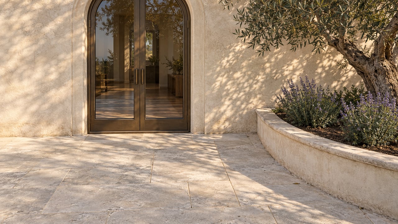 Warm stucco terrace with paired arched bronze-framed glass doors, limestone paving and a curved raised bed containing an olive tree and flowering sage.