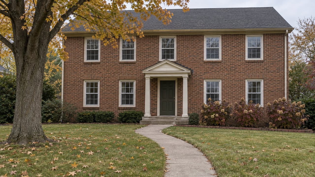 Traditional two-story brick home behind a deep autumn lawn, with a white entry portico and amber-leaved maple.
