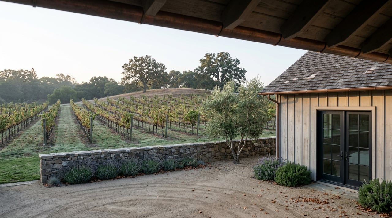 Stone courtyard and house wing overlook six vineyard rows receding toward a tree-topped rise.