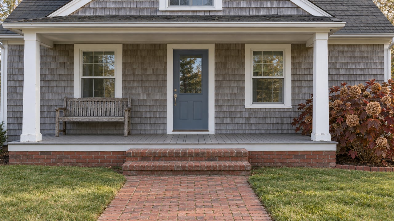 Gray shingle house with a white-posted porch, blue glazed door, brick steps and oakleaf hydrangea beside the lawn.