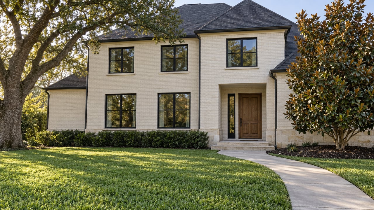 Morning light on an ivory brick home with a deep green lawn, black-framed windows, a mature live oak and a magnolia.