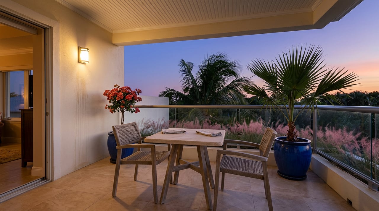 Covered condo lanai with a shellstone bistro table, woven chairs, potted palms, and a glass railing at dusk.