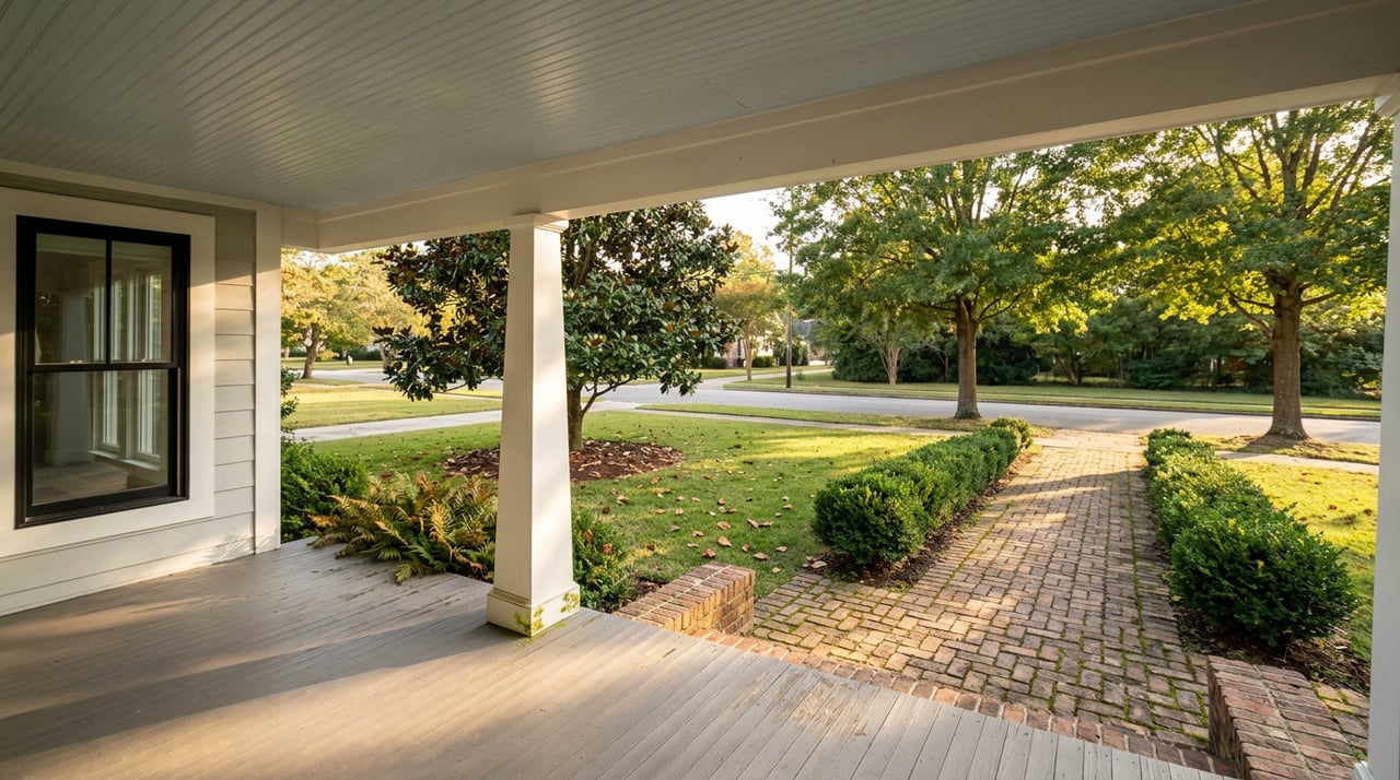 Porch overlooks a lawn and brick walkway beneath mature willow oaks, beside a white column.