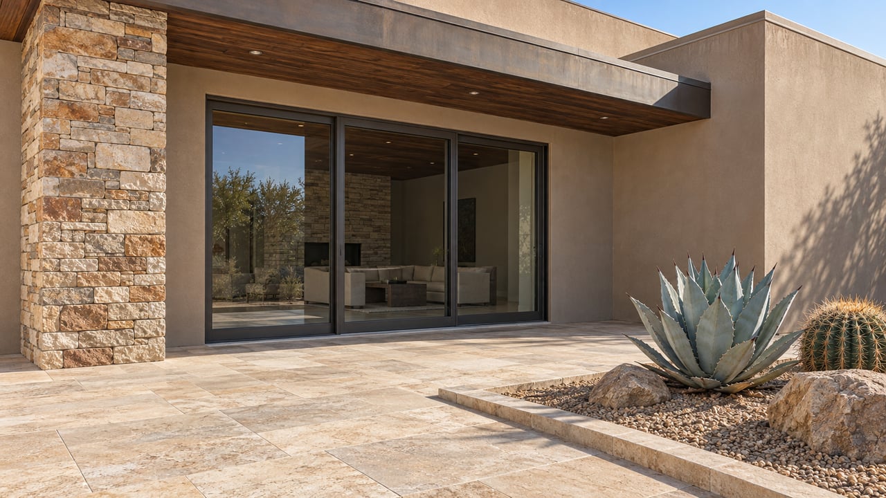 Desert-modern home with a timber-lined overhang, stone pier, closed glass doors and limestone terrace beside an agave and barrel cactus.