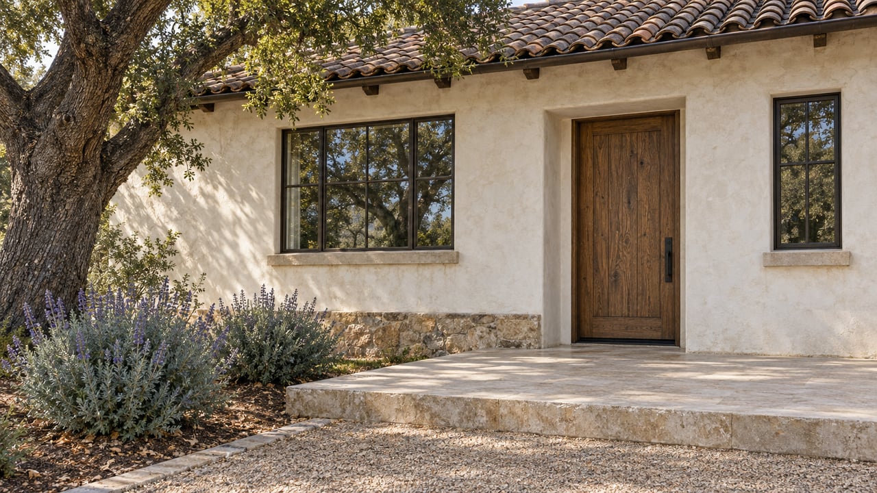Estate entry with ivory stucco, terracotta tile roof, oak tree, bronze windows, timber door, and limestone landing.