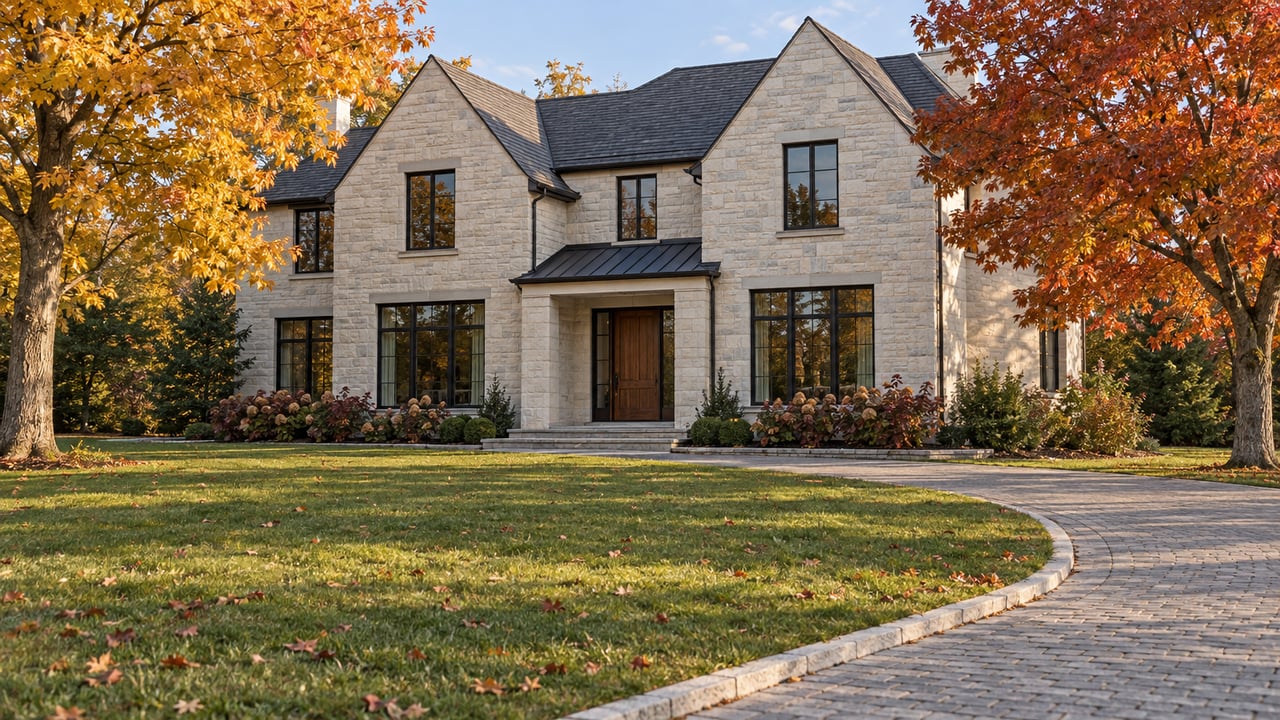 Pale limestone home with dark gabled roofs behind a broad autumn lawn, framed by amber and red sugar maples.