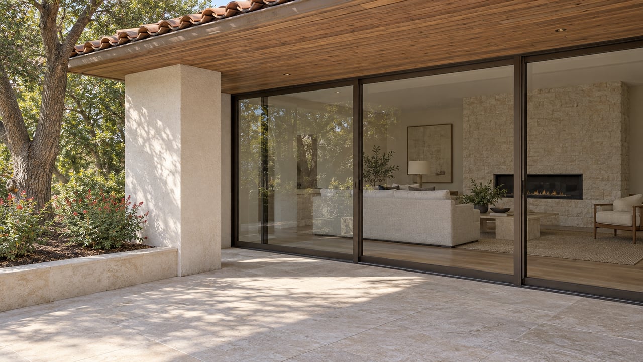 Clay-tile roof and cedar soffit shelter a limestone terrace beside closed bronze-framed glass, with an oak and red-flowering sage in a raised masonry bed.