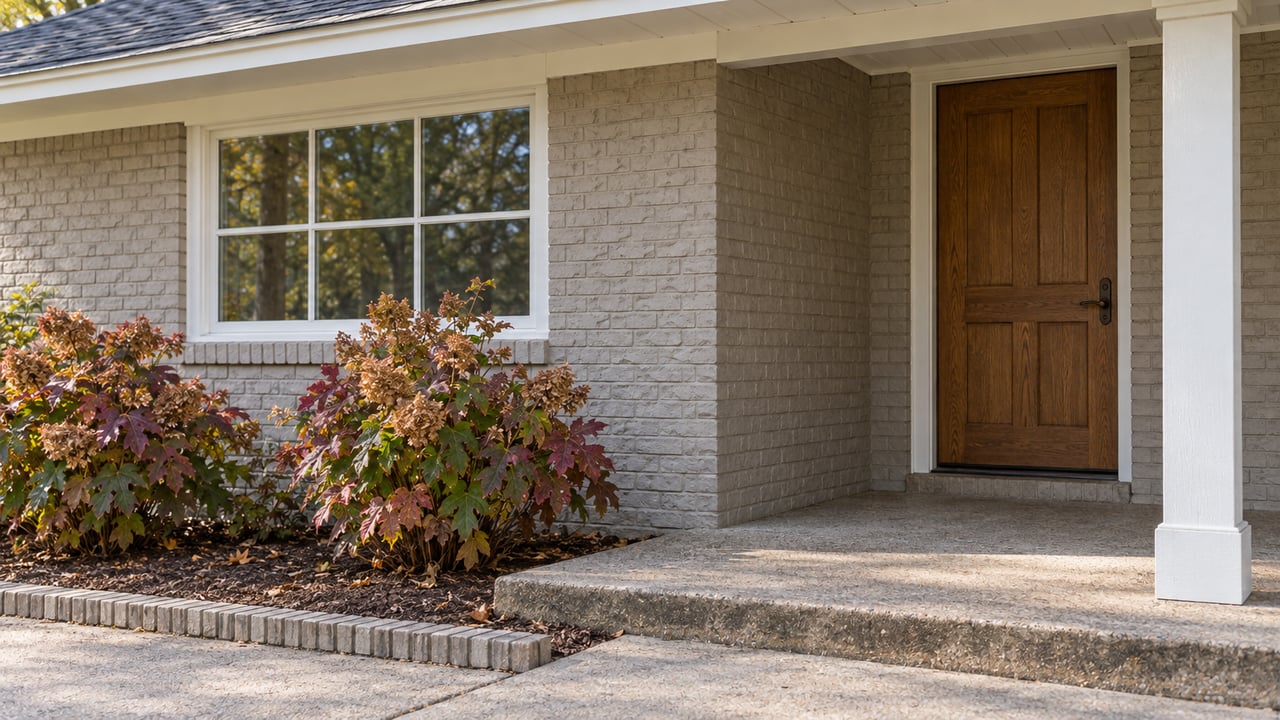 Close view of a painted-brick home's oak front door, white-cased window, concrete porch, and autumn oakleaf hydrangeas.
