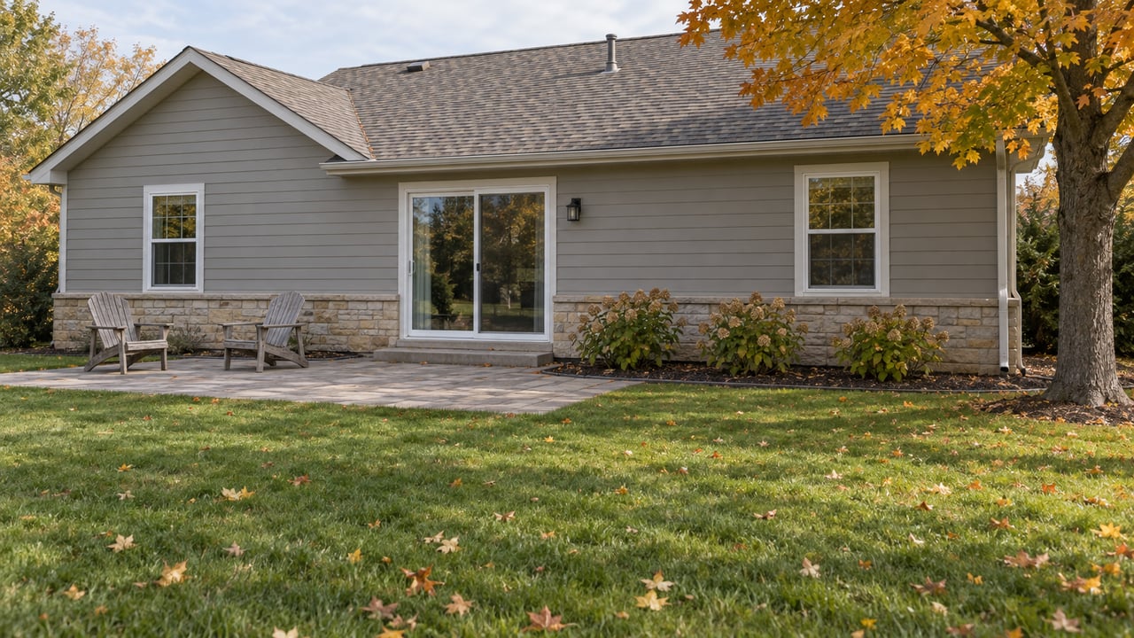 Autumn lawn and a modest paver patio behind a gray gabled home, with orange maple foliage and tawny hydrangeas.