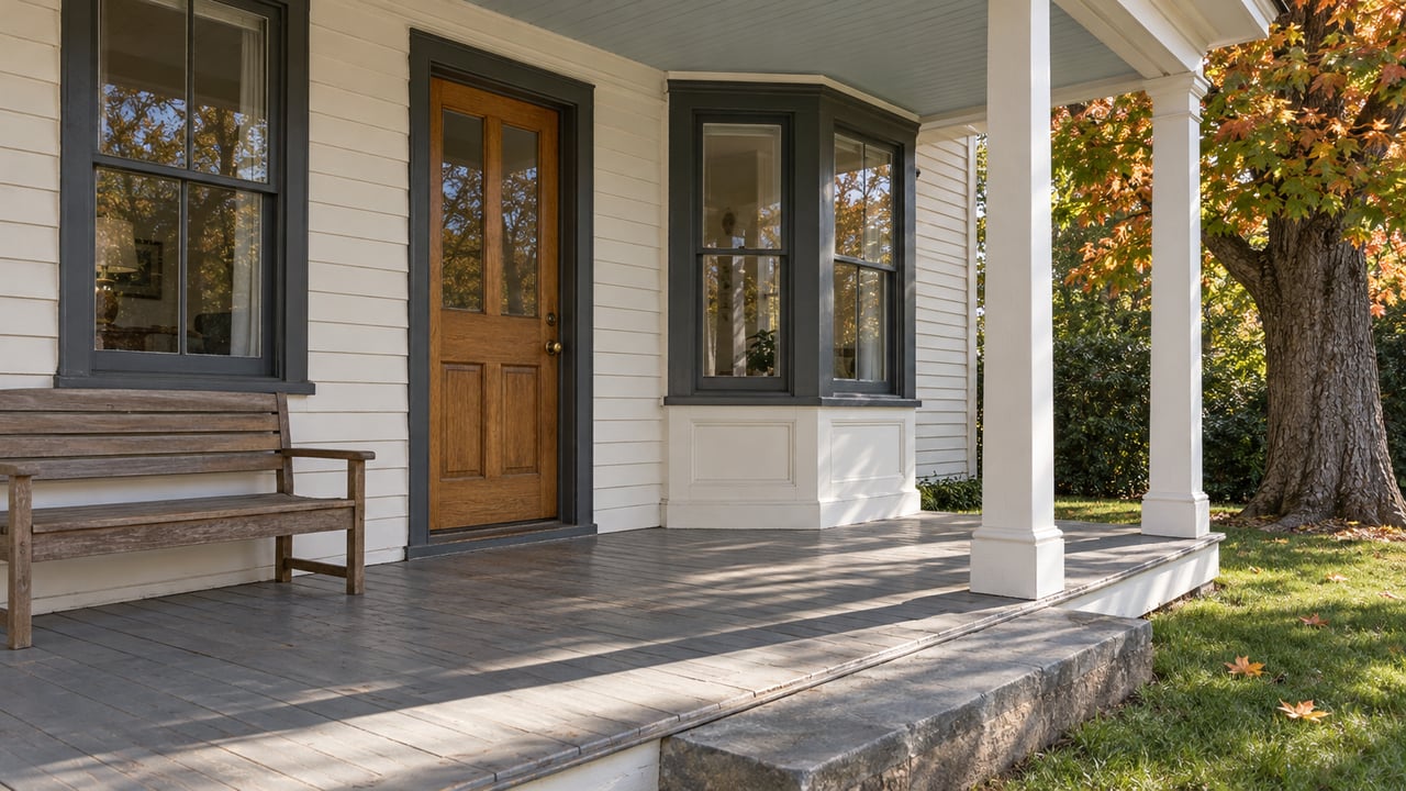 An ivory clapboard home's covered porch with an oak entry door, dark-framed bay windows, worn gray floorboards and an autumn sugar maple beside the lawn.