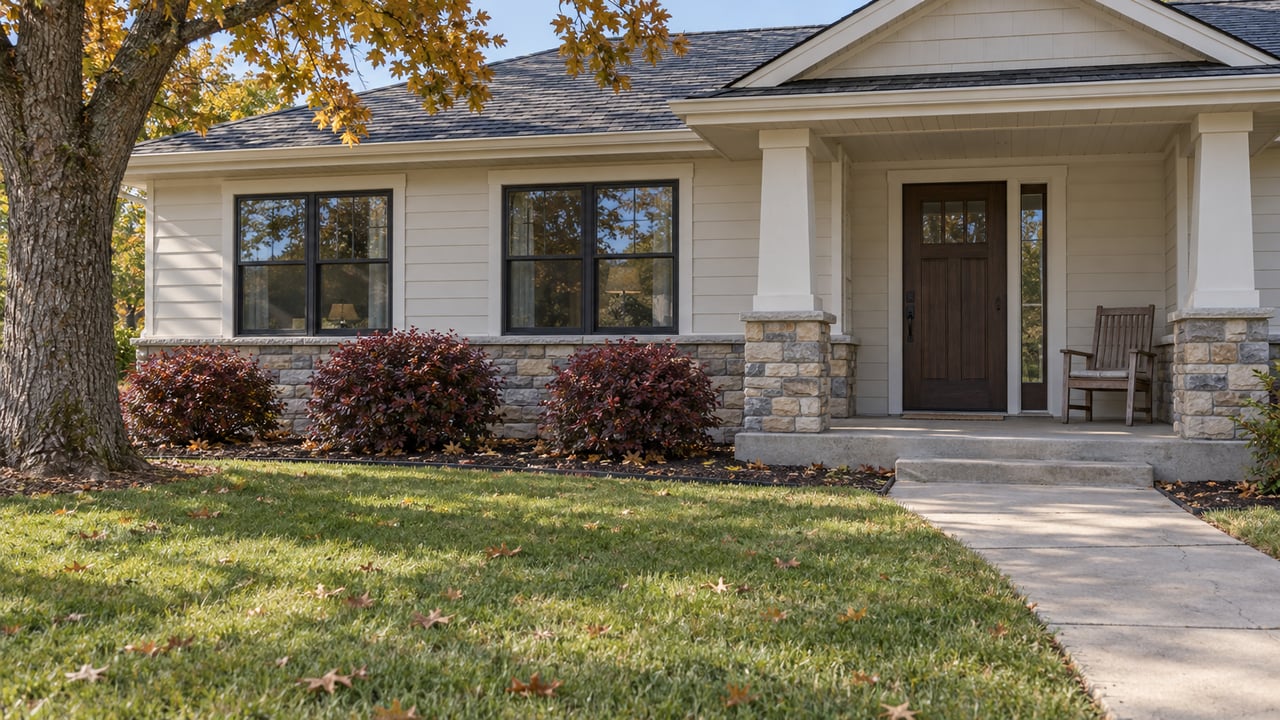 Autumn lawn leading to an ivory-sided ranch home with a covered porch, black-framed windows, and stone foundation.