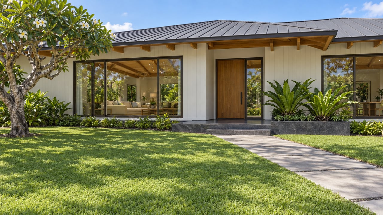A single-story home with deep timber eaves, bronze-framed windows and a recessed teak entry across a broad lawn, beside a white-flowering tree.