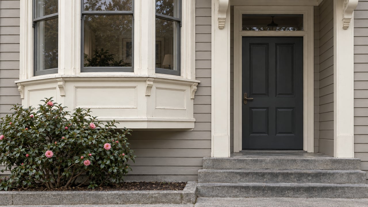 Close view of a warm-gray timber home with ivory bay-window trim, a dark recessed entry door, worn stone steps, and one camellia in an edged planting bed.