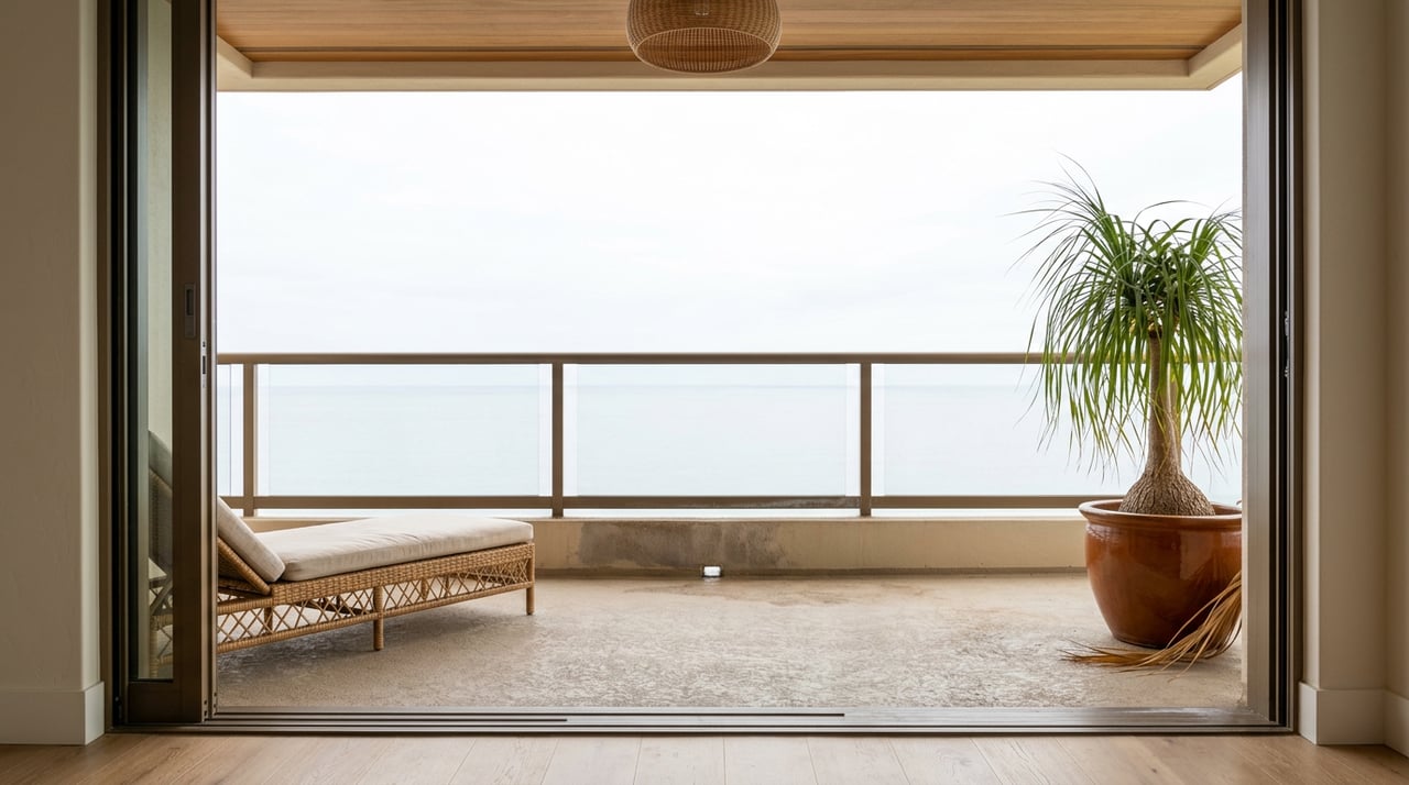 Condominium lanai with a ponytail palm, woven lounge chair, and open ocean beyond the railing.