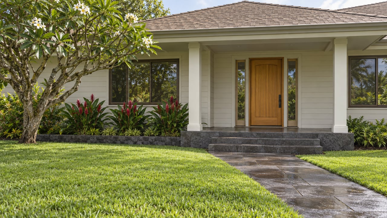 A cream-sided home with a broad tan roof and shaded entry stands beyond a green lawn and basalt walkway, with a flowering plumeria beside the porch.