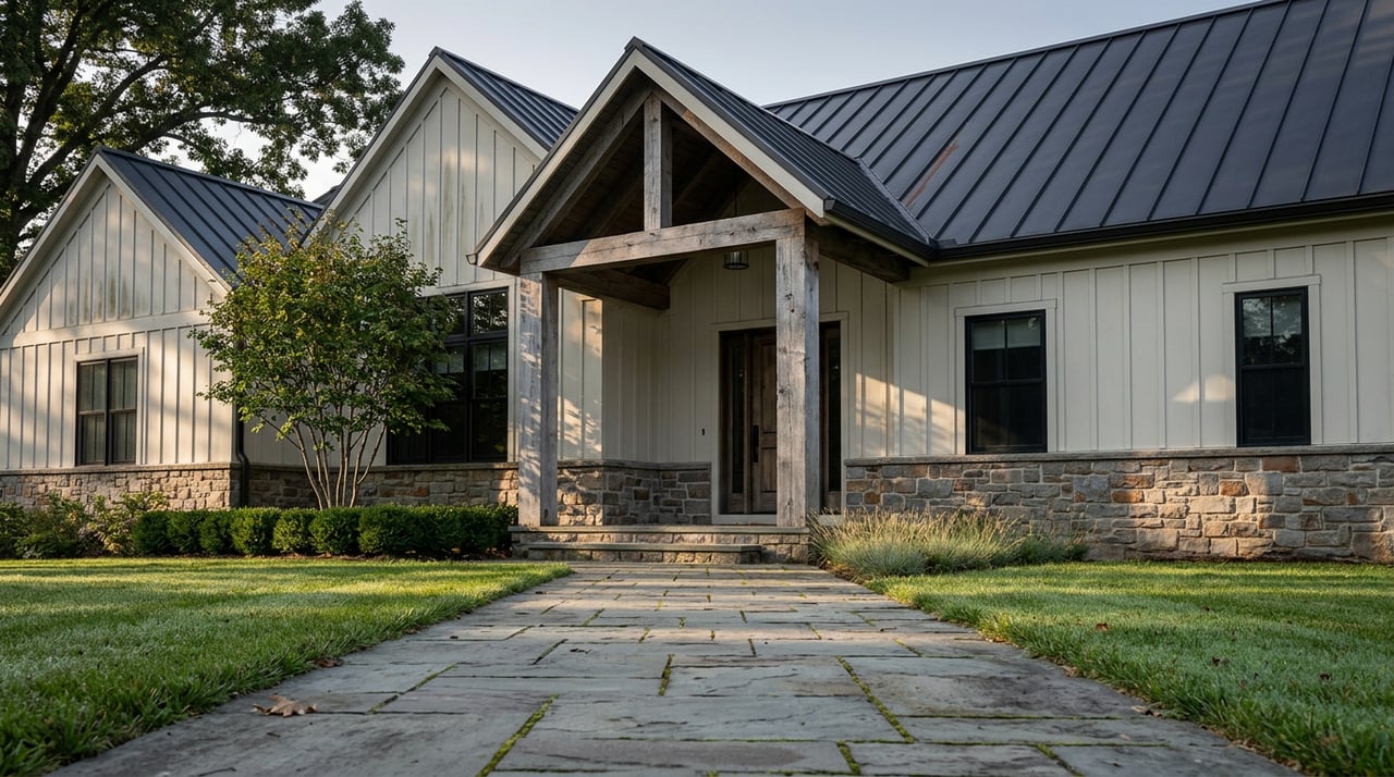 Custom stone-and-timber home with a covered entry portico, bluestone walk, and lawn in morning light.