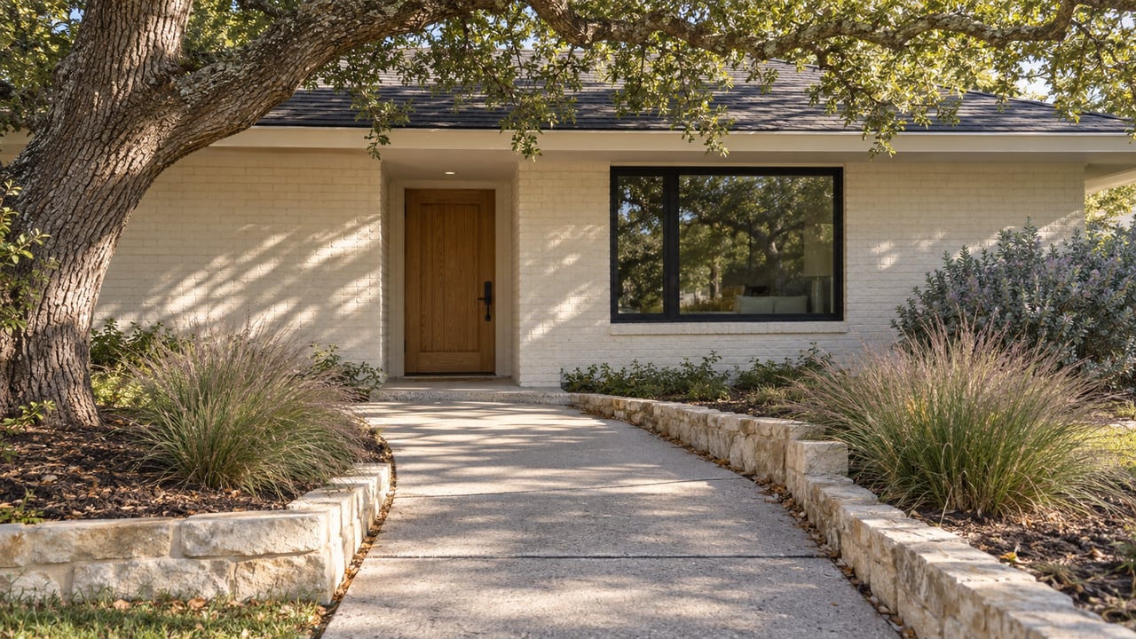 Single-story cream brick home with oak door, picture window, and a concrete walk beneath live-oak branches.
