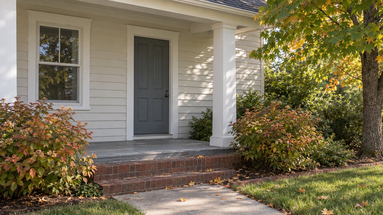 Off-white clapboard porch with a slate door, brick steps, and coppering shrubs beneath a leafy maple.