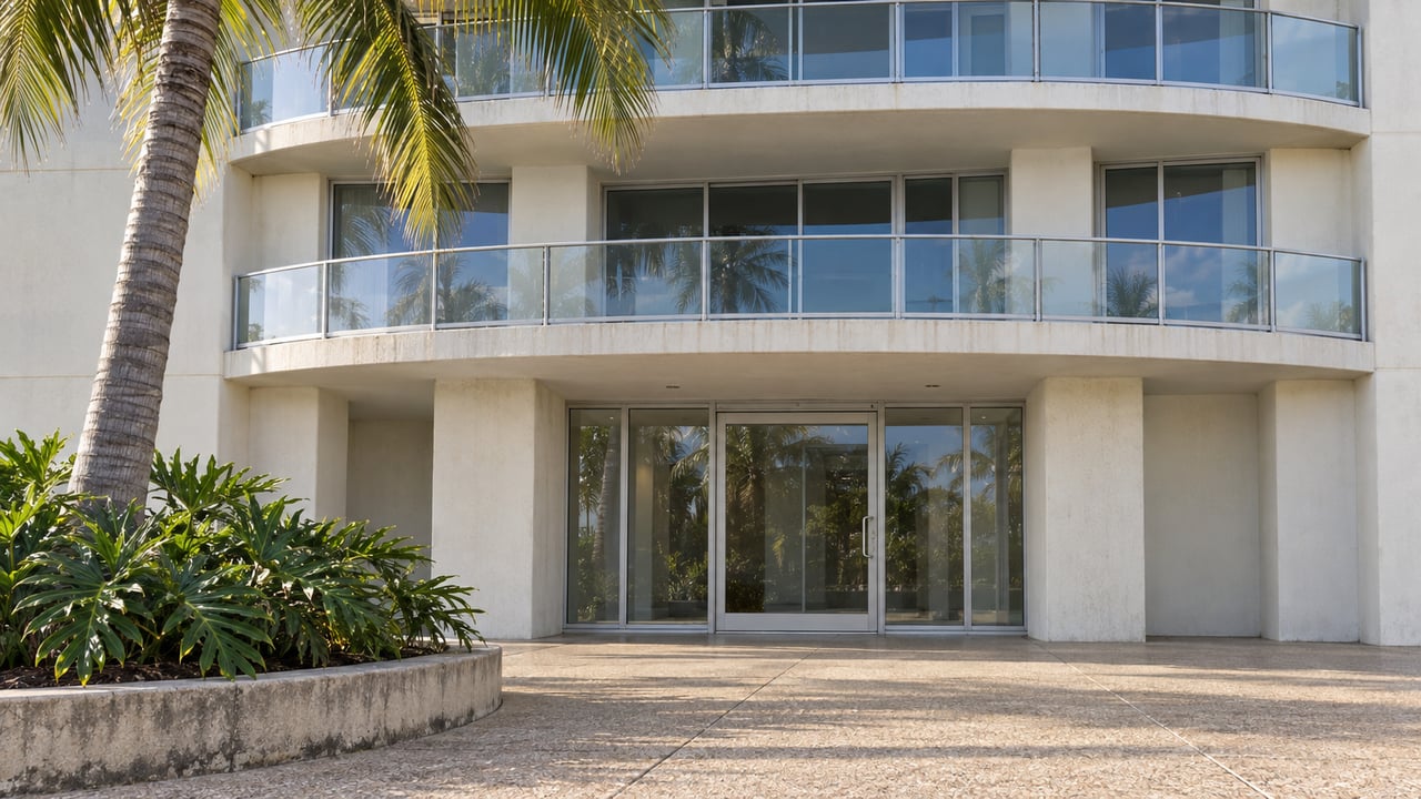 Close exterior view of an established pale concrete condominium entrance beneath curved glass balconies, with a mature coconut palm and shell-aggregate paving.