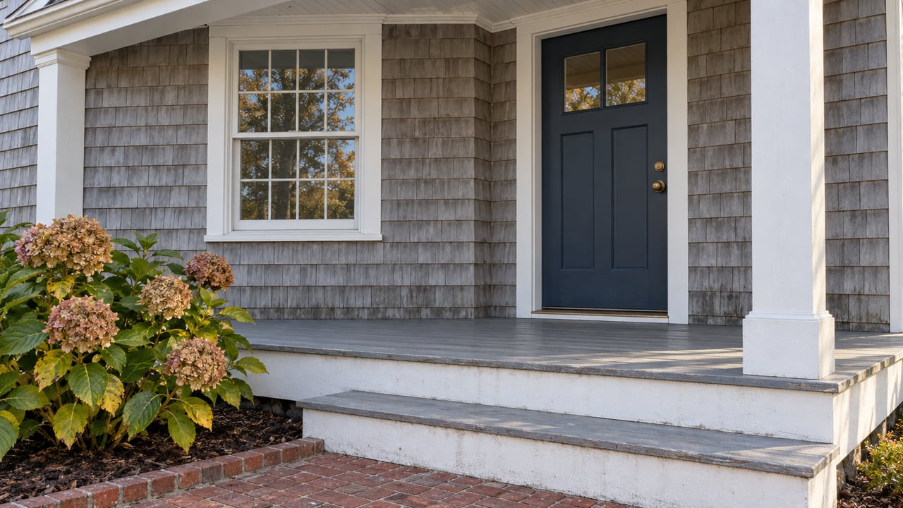 Weathered gray cedar-shingle home with white porch trim, a navy front door, brick steps approach and an autumn hydrangea.