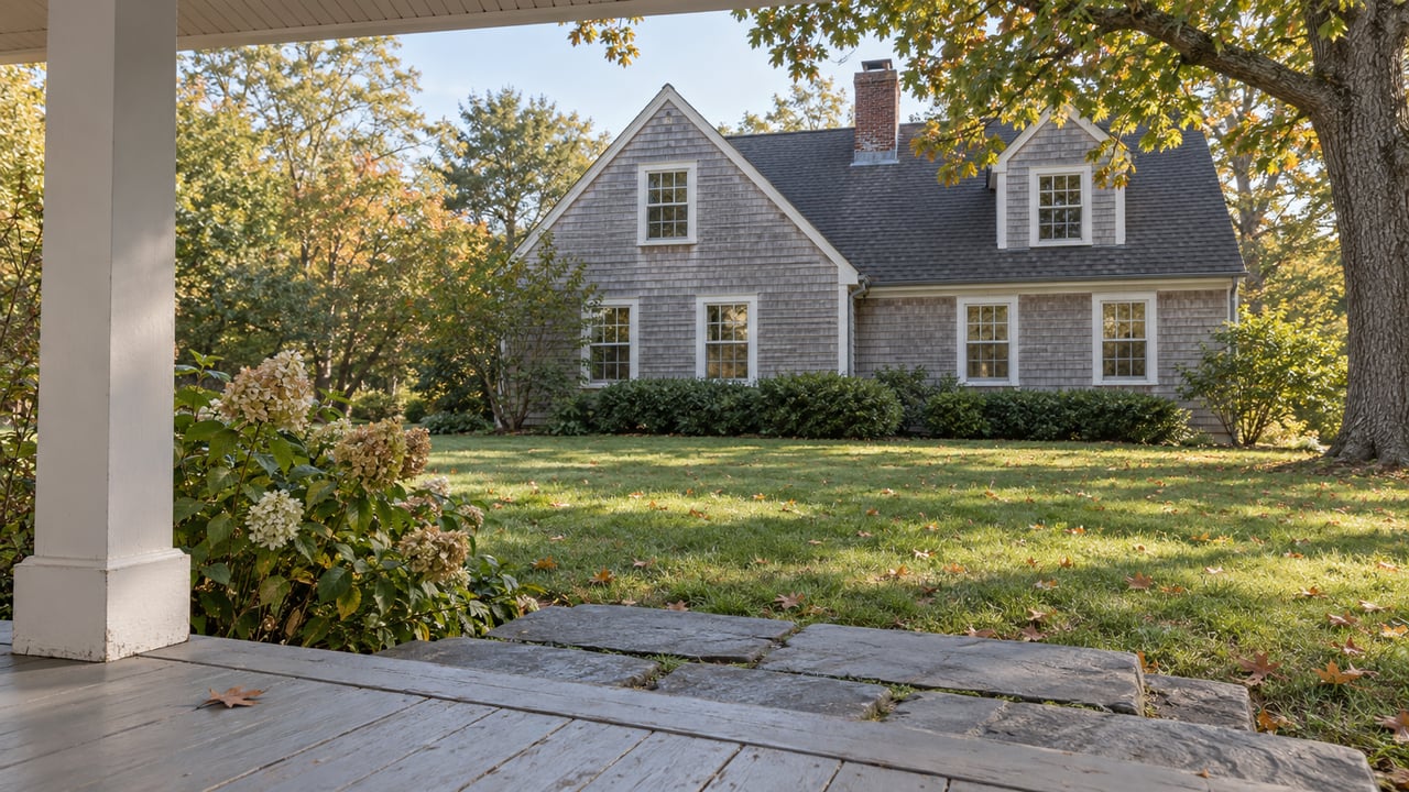 Covered porch overlooks a broad lawn and silvered cedar Cape with two gables, brick chimney, and autumn oak leaves.