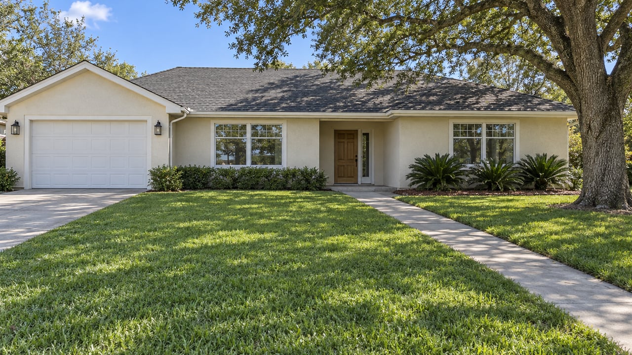 Cream stucco ranch with charcoal shingles, white-framed windows and a deep green lawn shaded by a mature live oak.