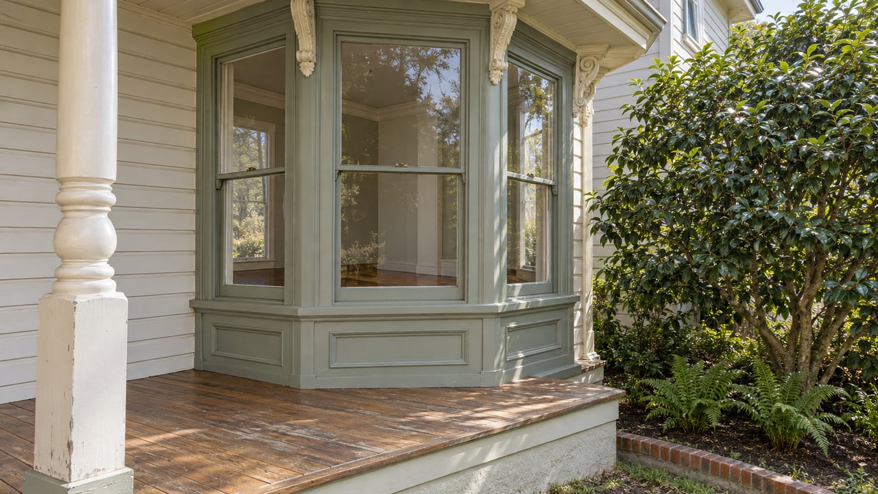 Restored painted timber bay windows beside a turned porch column, with weathered wood flooring and a small camellia and fern bed.