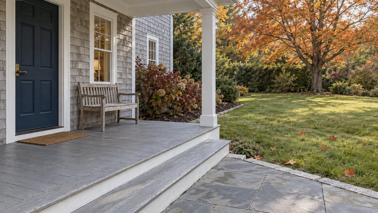 A cedar-shingled home's covered porch opens toward a deep autumn lawn with a copper-leaved maple.