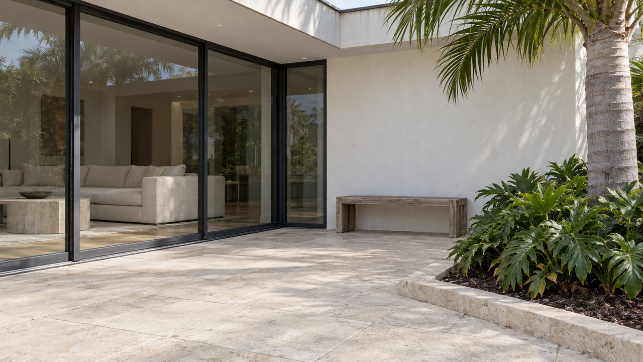Low view across a pale limestone terrace toward white stucco and dark-framed glass, with a teak bench and a royal palm in a raised planting bed.