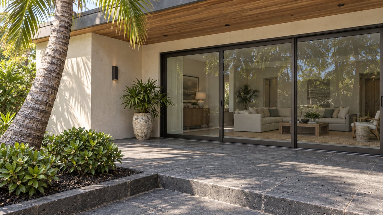 Coastal residence lanai with bronze-framed glass doors, basalt paving, and a coconut palm in a planted bed.