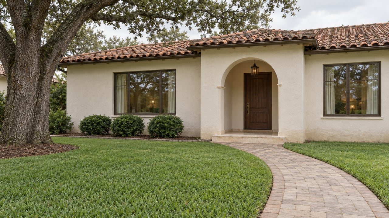 White stucco home with a terracotta roof, recessed arched porch, broad front lawn and mature spreading oak.