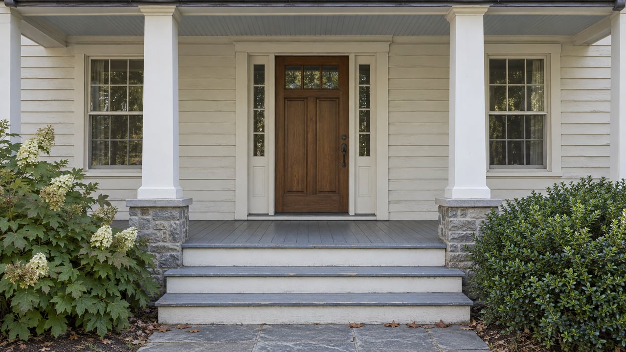 Compact ivory clapboard house with a paneled door, flanking windows, and broad steps to a stone landing.