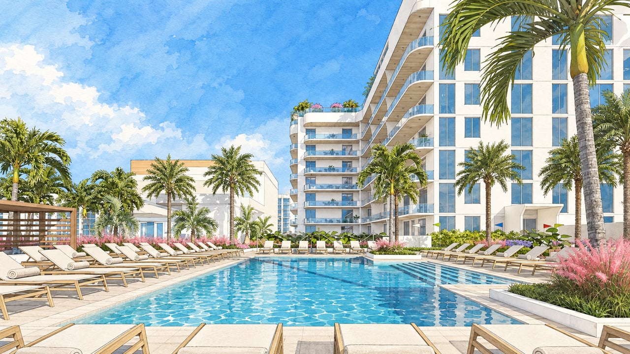 Rendering of Saravela Sarasota’s pool courtyard with lounge chairs, palms, and curved balconies.