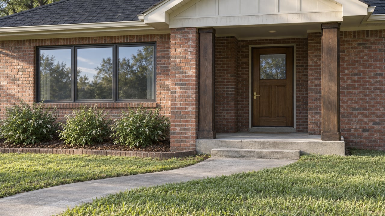 Red-brick home with a recessed timber-post porch, oak front door, dark-framed window and a concrete approach through a green lawn.