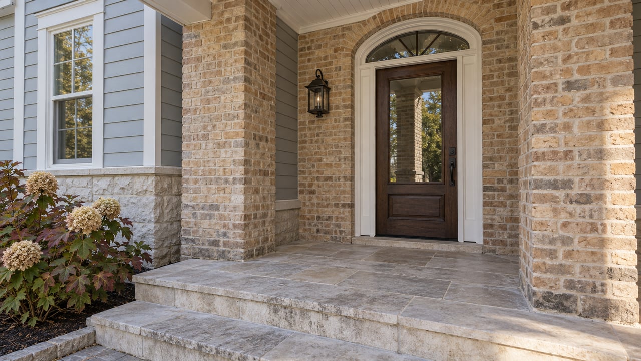 A sheltered residential entry with a dark oak glazed door, buff-brick arch, gray-blue siding and worn limestone steps beside an oakleaf hydrangea.