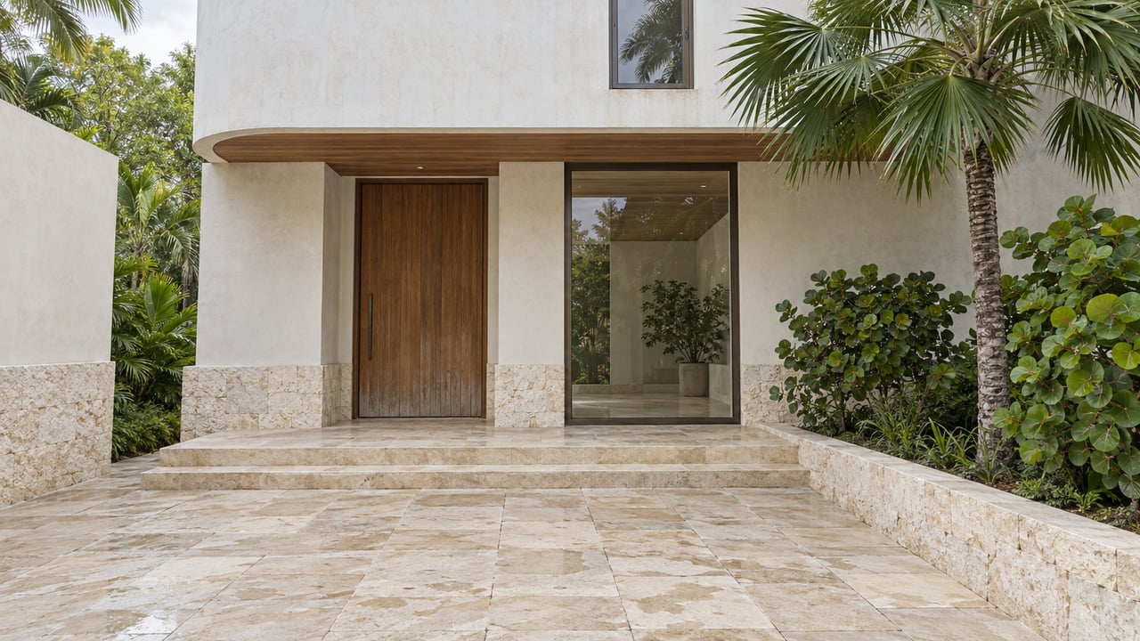Rain-darkened limestone entry court leading to a rounded white-plaster residence with a timber door, bronze-framed window and fan palm.