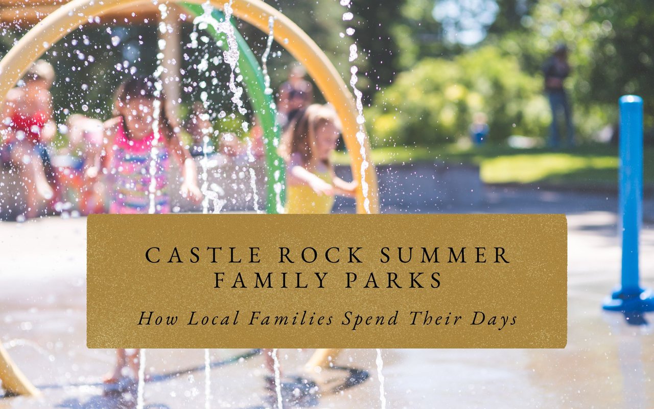 Kids on splash pad at Rock Park downtown Castle Rock, families enjoying summer spray park with butte backdrop.