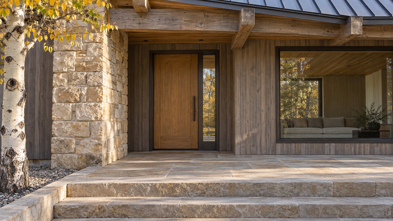 Close view of a timber-covered home entrance with sandstone steps, cedar siding, bronze-framed glass and a gold-leaved aspen.