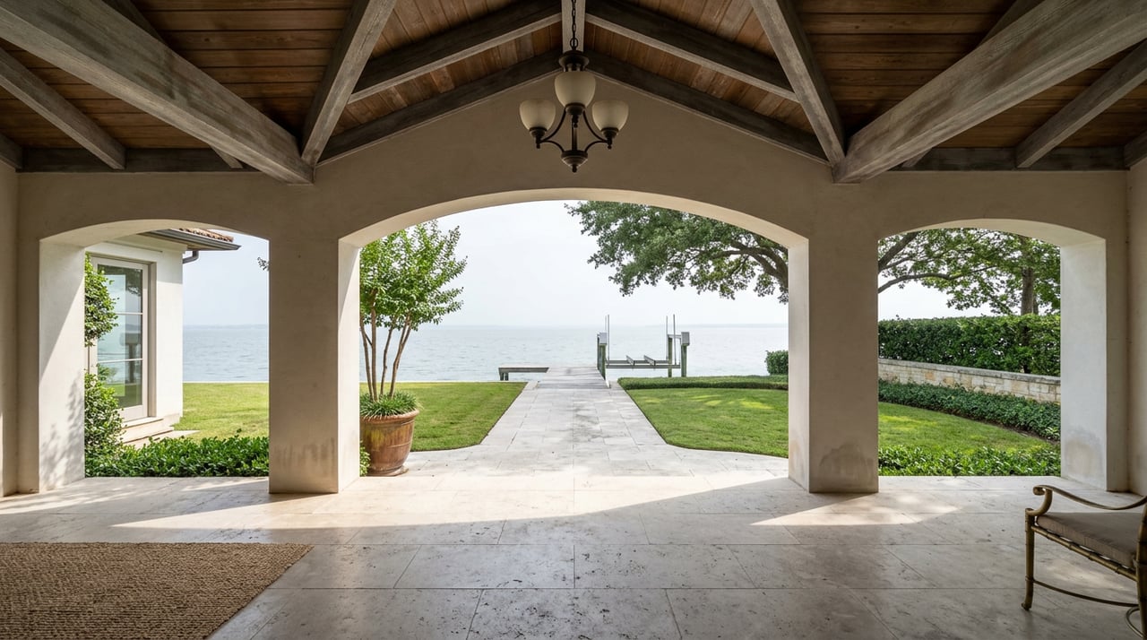 Stucco arch frames a limestone terrace, lawn, and cedar dock beside a hazy lake.