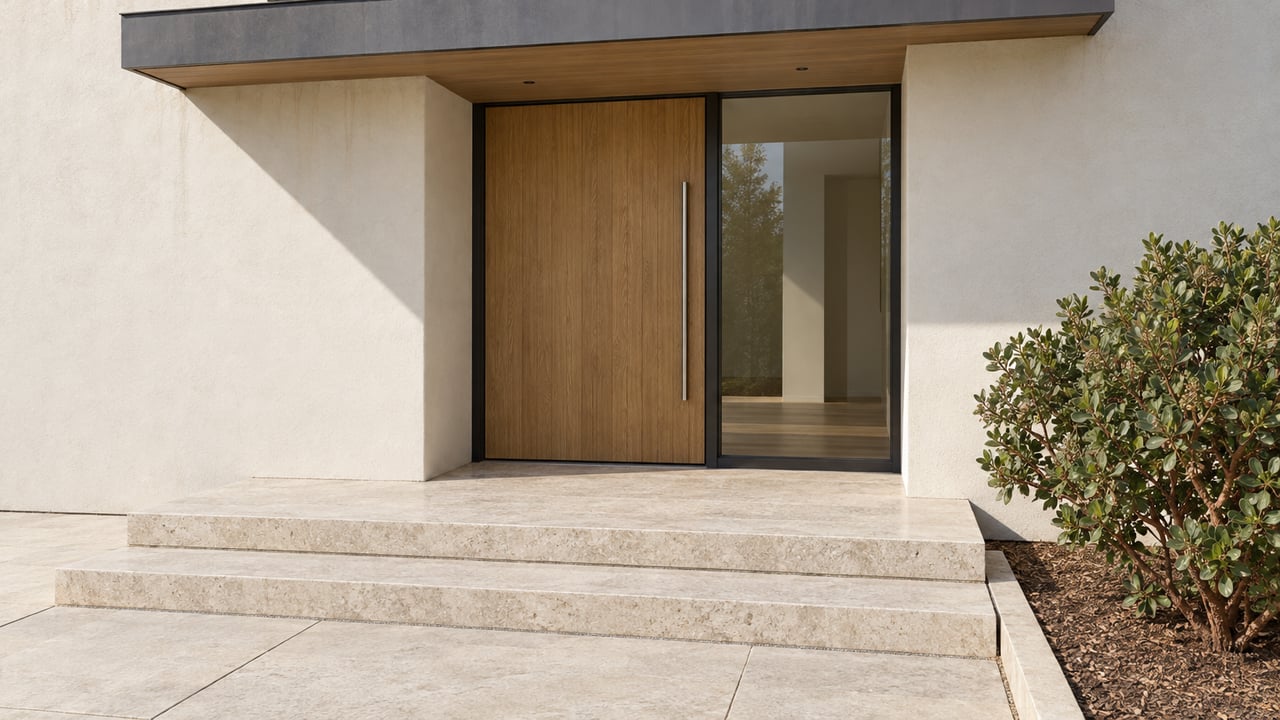 Modern entry with a sheltered oak door, tall glazed sidelight, pale stone steps and one sculptural manzanita shrub.